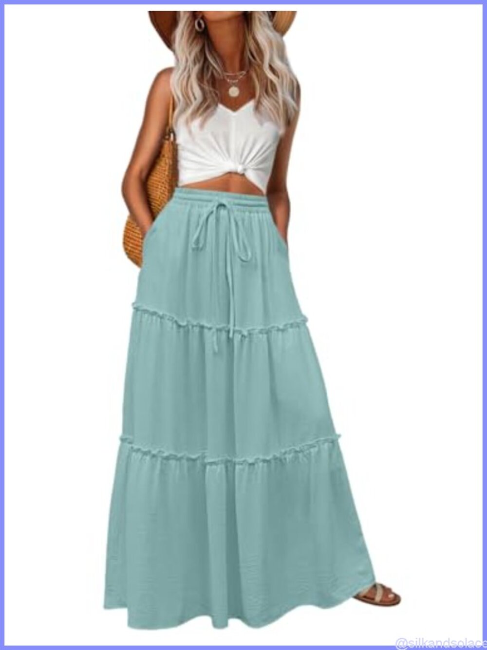 Womens High Waisted Flowy Maxi Skirt Tiered Ruffle Hem with Pockets Boho Lounge